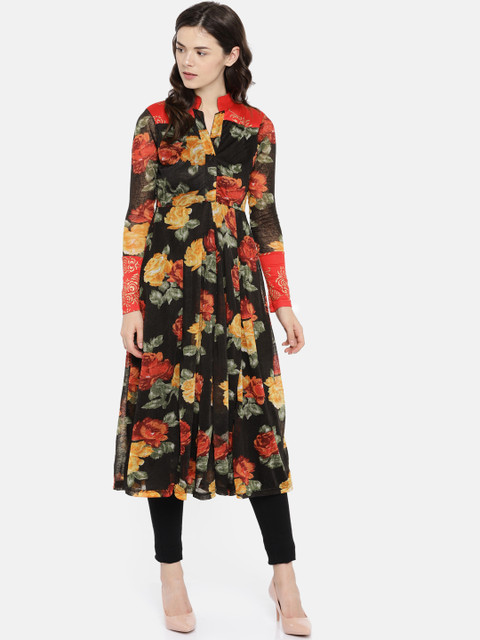 

Ira Soleil Women Black & Red Floral Printed A-Line Kurta