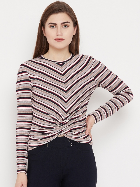 

Madame Women Grey Melange & Navy Blue Striped Fitted Top