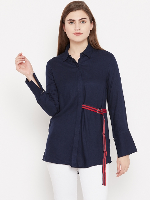 

Madame Women Navy Blue Regular Fit Solid Longline Casual Shirt