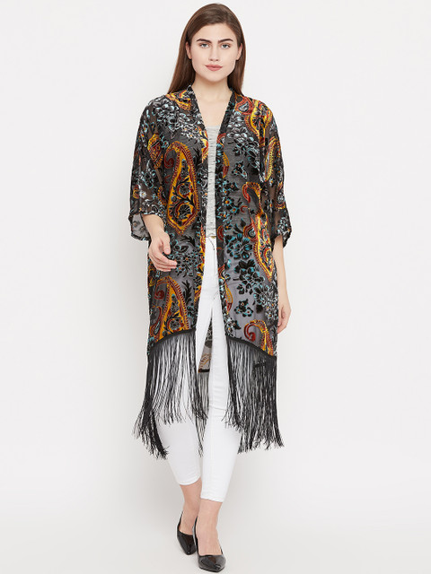 

Madame Black & Mustard Yellow Printed Longline Open Front Shrug