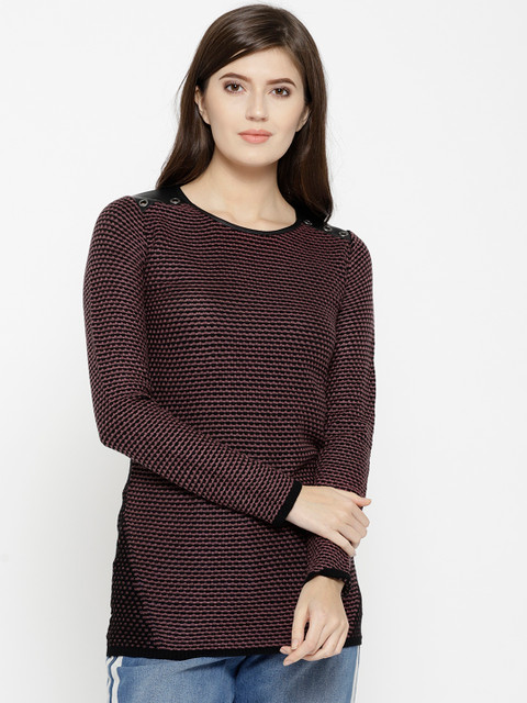 

Madame Women Burgundy & Black Self Design Pullover
