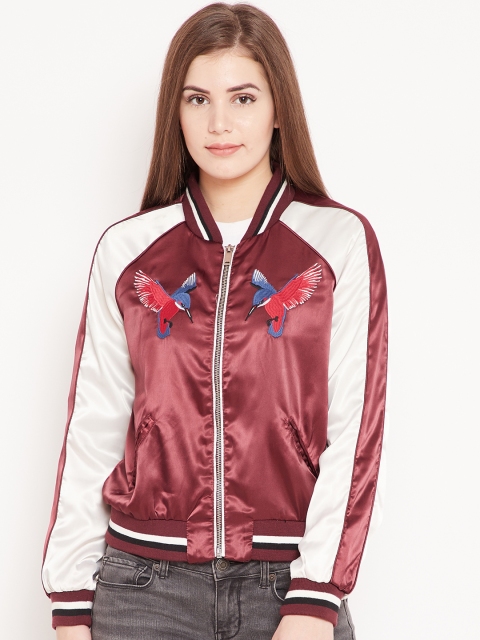 

Madame Women Burgundy Solid Bomber Jacket