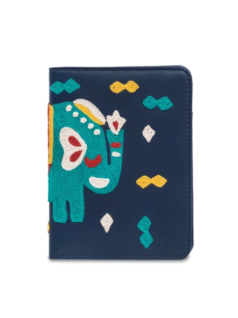 

Chumbak Women Navy Blue & Green Embroidered Passport Holder