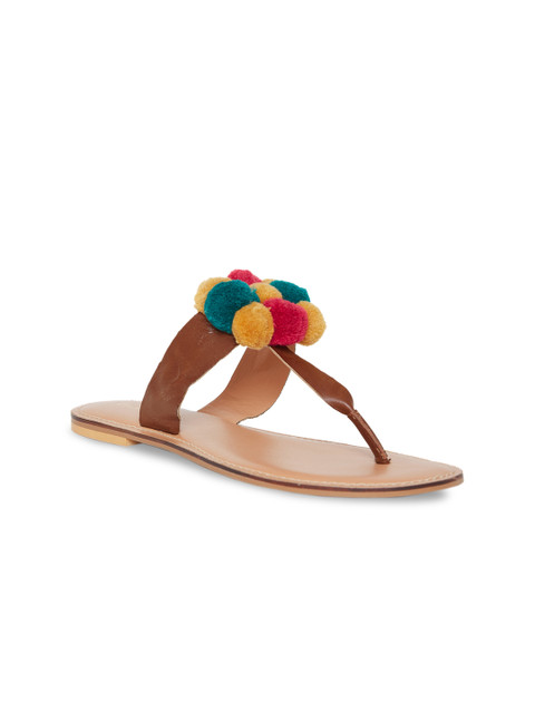 

Chumbak Women Brown T-Strap Flats with Pom-Pom Detail