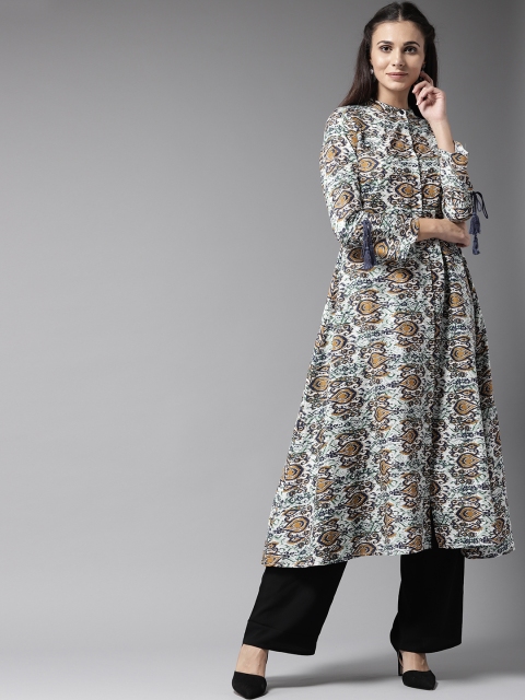 

Moda Rapido Women White & Navy Blue Printed A-Line Kurta