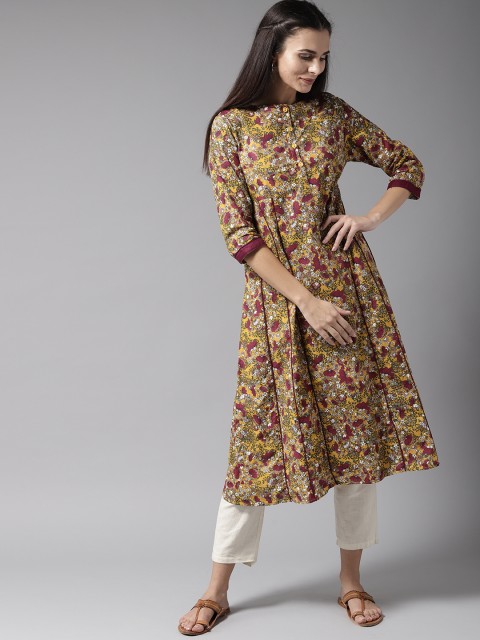 

Moda Rapido Women Mustard Yellow & Magenta Printed A-Line Kurta