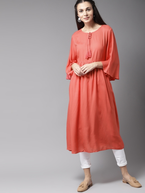 

Moda Rapido Women Coral Orange Solid A-Line Kurta