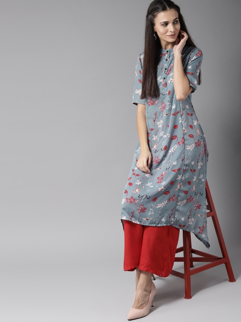 

Moda Rapido Women Grey Floral Print Asymmetric A-Line Kurta