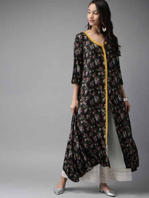 

Moda Rapido Women Black Floral Print Asymmetric A-Line Kurta