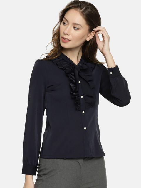 

SCULLERS Women Navy Blue Solid Shirt Style Top