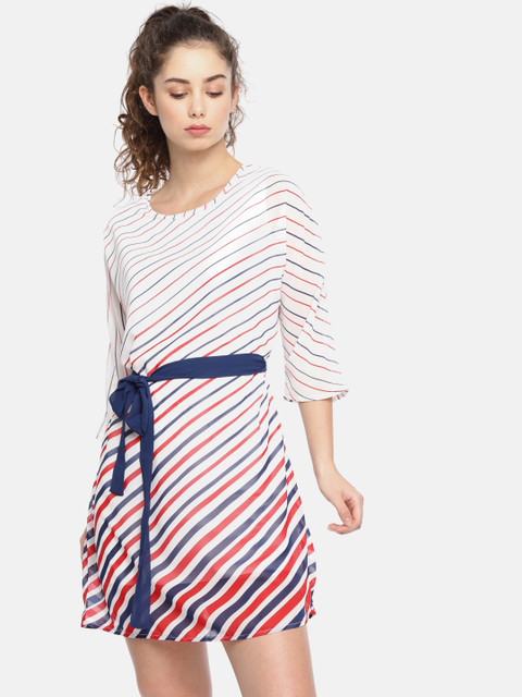 

SCULLERS Women White & Navy Blue Striped Fit & Flare Dress