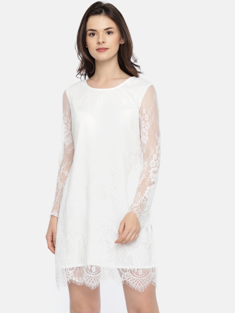 

SCULLERS Women White Self Design A-Line Semi Sheer Lace Dress