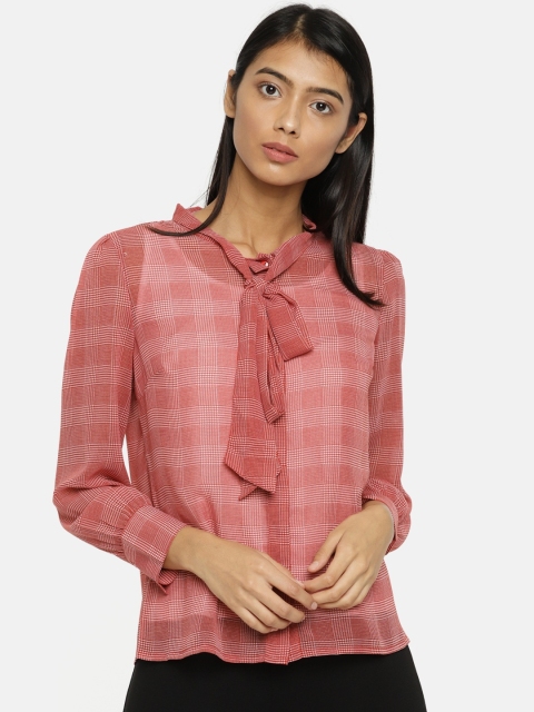 

SCULLERS Women Rust Red Checked Shirt Style Top