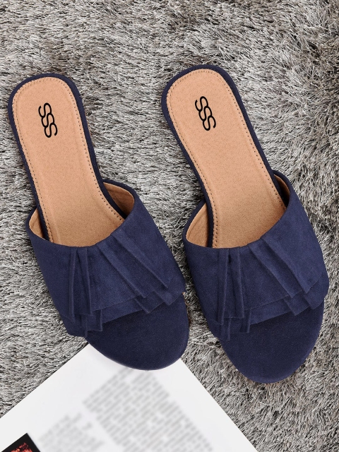 

Street Style Store Women Navy Blue Solid Velvet Open Toe Flats