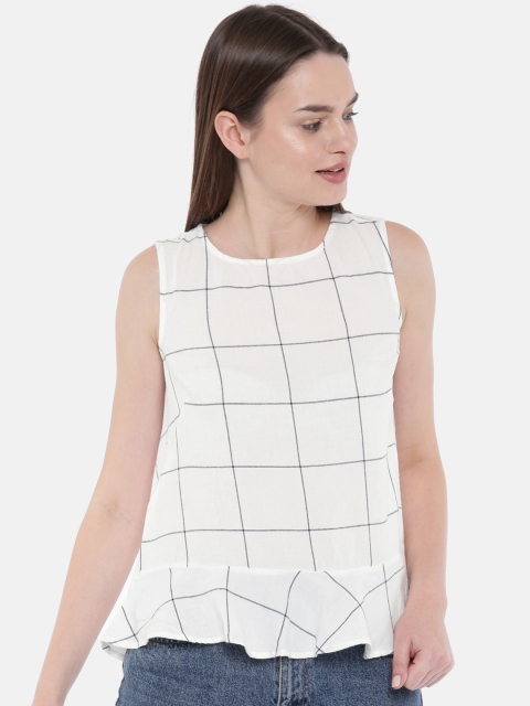 

SCULLERS Women White Checked Pure Cotton Top