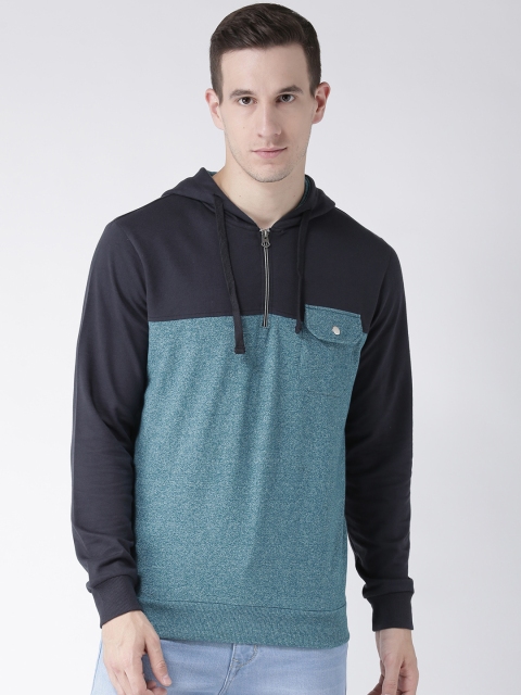 

Club York Men Navy Blue & Teal Colourblocked Hooded Sweatshirt