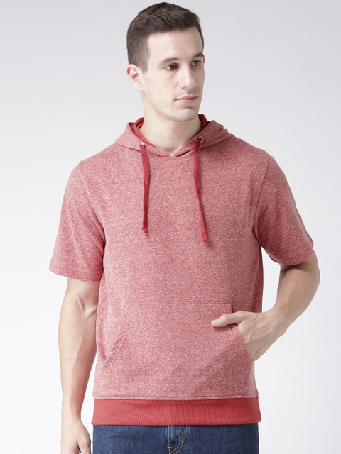 

Club York Men Red Self Design Hooded Sweatshirt