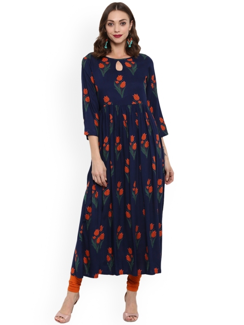 

Fashion String Women Navy Blue & Orange Floral Printed Anarkali Kurta