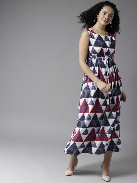 

HERE&NOW Women White & Navy Printed Maxi Dress