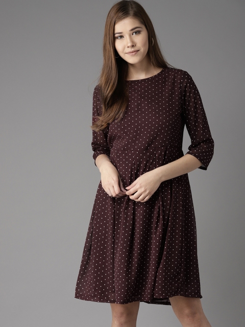 

HERE&NOW Women Burgundy & Off-White Printed A-Line Dress