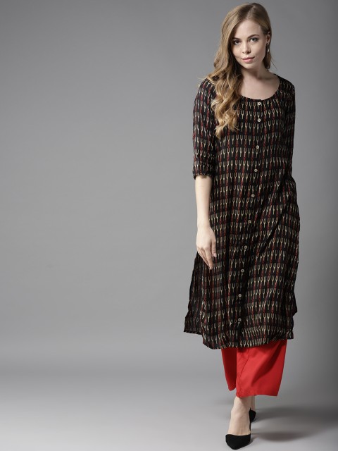 

HERE&NOW Women Black & Red Printed Straight Kurta