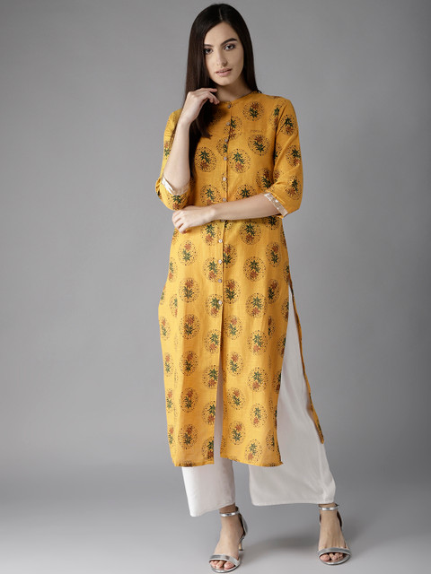 

HERE&NOW Women Mustard Yellow & Green Printed A-Line Kurta