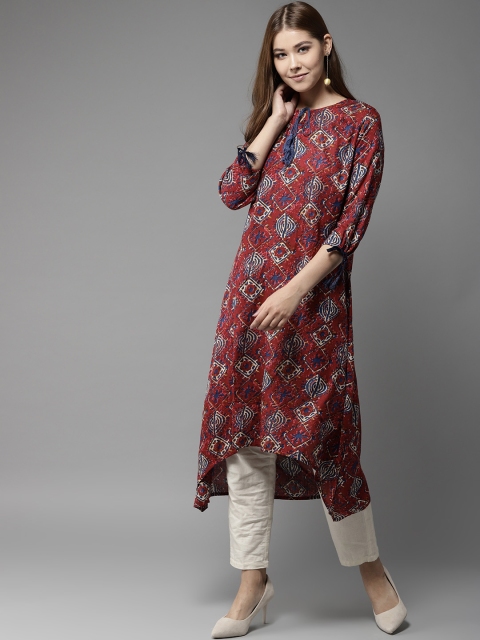 

HERE&NOW Women Maroon & Navy Blue Printed A-Line Kurta