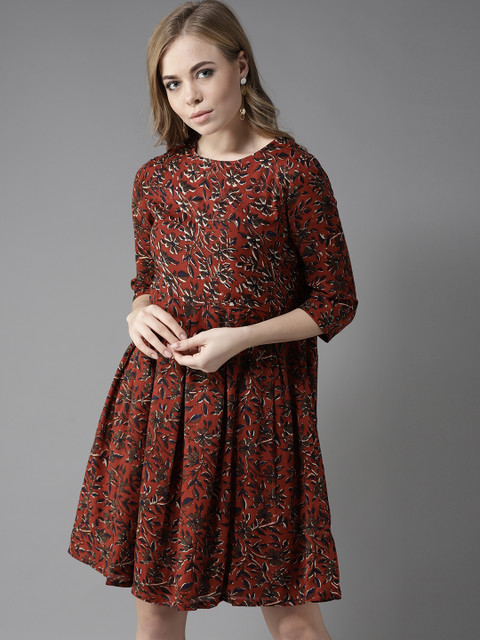 

HERE&NOW Women Rust Orange Printed A-Line Dress