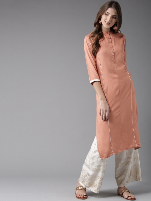 

HERE&NOW Women Peach-Coloured Solid Straight Kurta