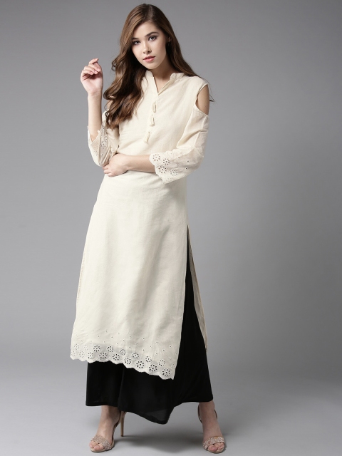 

HERE&NOW Women Cream-Coloured Solid Straight Kurta