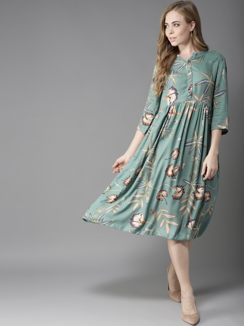 

HERE&NOW Women Green Floral Printed A-Line Dress