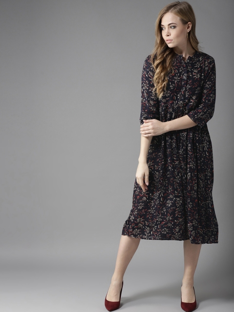 

HERE&NOW Women Navy Blue & Grey Printed A-Line Dress