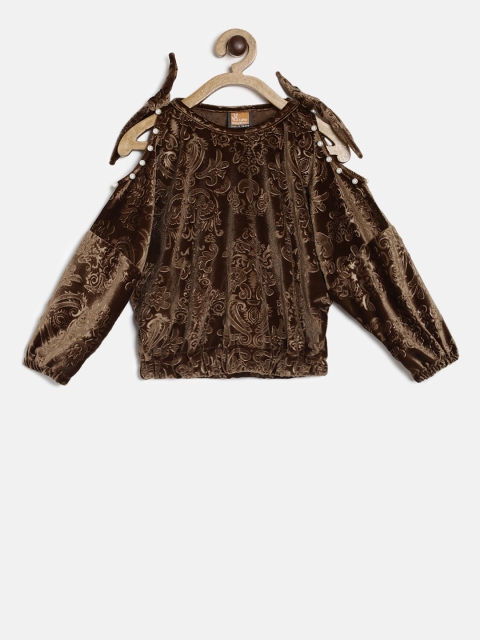 

Little Kangaroos Girls Brown Self Design Blouson Top