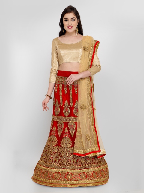 MANVAA Maroon & Gold-Toned Embroidered Semi-Stitched Lehenga & Unstitched Blouse with Dupatta
