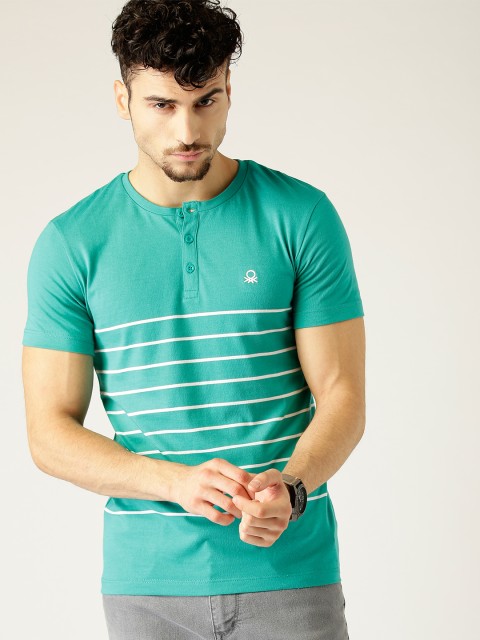 

United Colors of Benetton Men Green & White Striped Henley Neck T-shirt