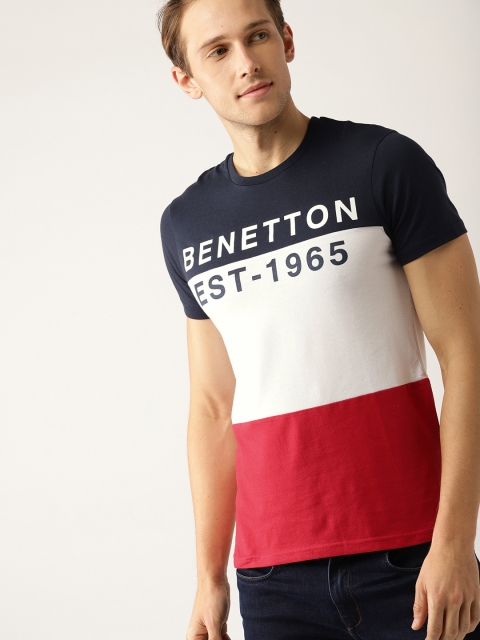 

United Colors of Benetton Men Navy Blue & Red Colourblocked Round Neck T-shirt