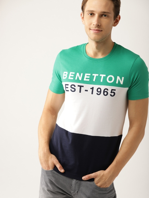 

United Colors of Benetton Men Green & White Colourblocked Round Neck T-shirt