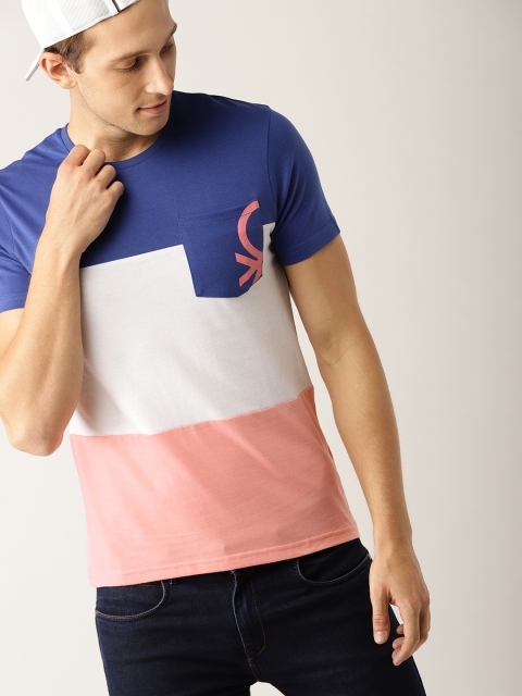 

United Colors of Benetton Men Blue & Pink Colourblocked Round Neck T-shirt