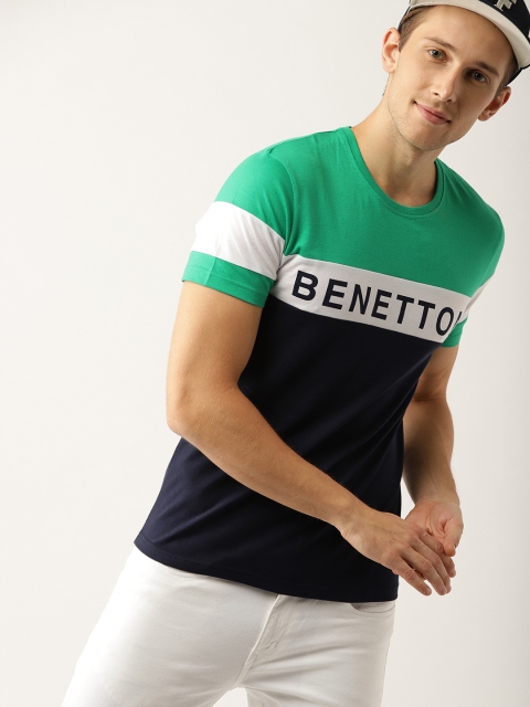

United Colors of Benetton Men Navy Blue & Green Colourblocked Round Neck T-shirt