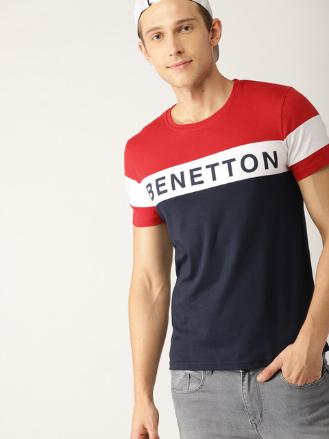

United Colors of Benetton Men Navy Blue & Red Colourblocked Round Neck T-shirt