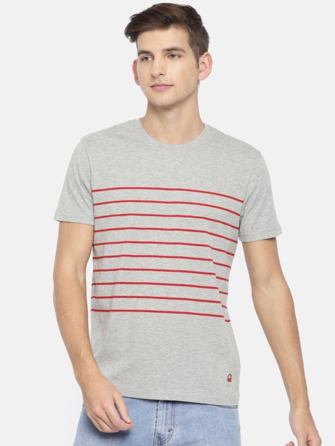 

United Colors of Benetton Men Grey Melange & Red Striped Round Neck T-shirt