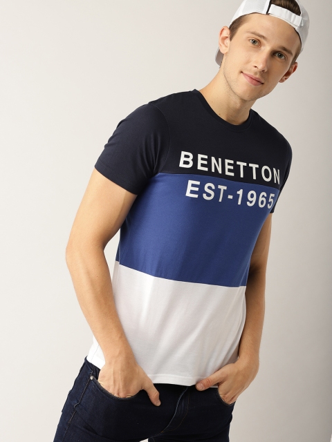 

United Colors of Benetton Men Blue & White Colourblocked Round Neck T-shirt