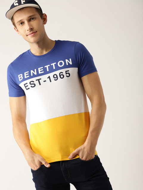

United Colors of Benetton Men Blue & Yellow Colourblocked Round Neck T-shirt