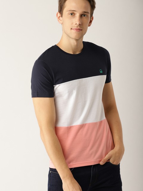 

United Colors of Benetton Men Navy Blue & Pink Colourblocked Round Neck T-shirt