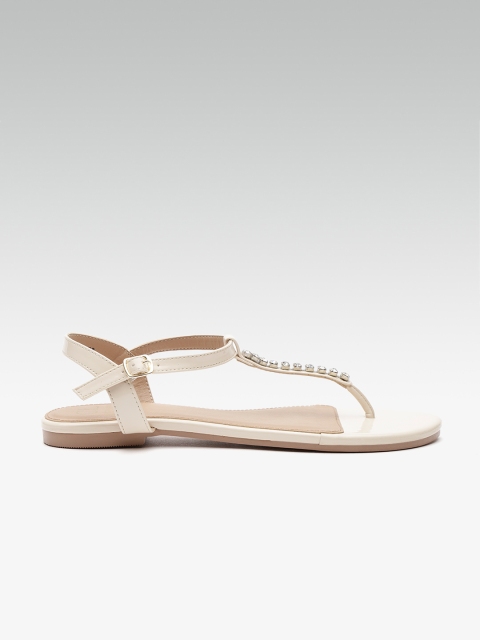 

Carlton London Women Cream-Coloured Solid T-Strap Flats with Embellished Detail