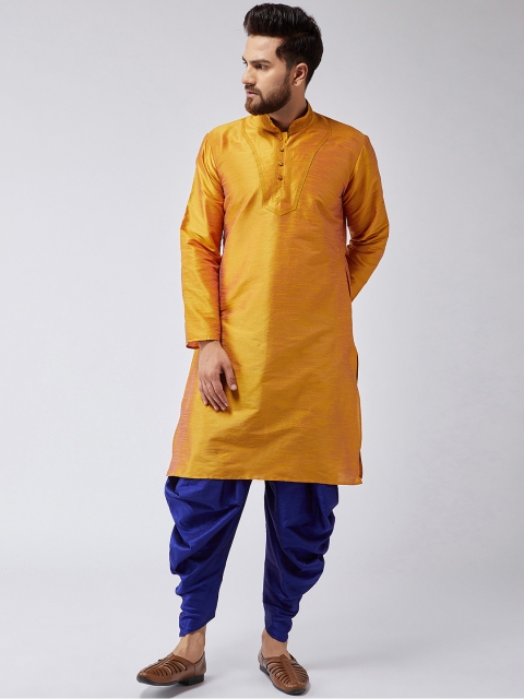 

SOJANYA Men Mustard & Navy Blue Solid Kurta with Dhoti Pants