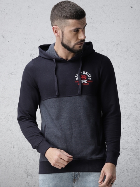 

Ecko Unltd Men Navy Blue Colourblocked Hooded Sweatshirt