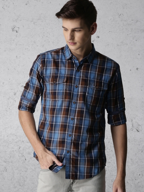 

Ecko Unltd Men Brown & Blue Slim Fit Checked Casual Shirt