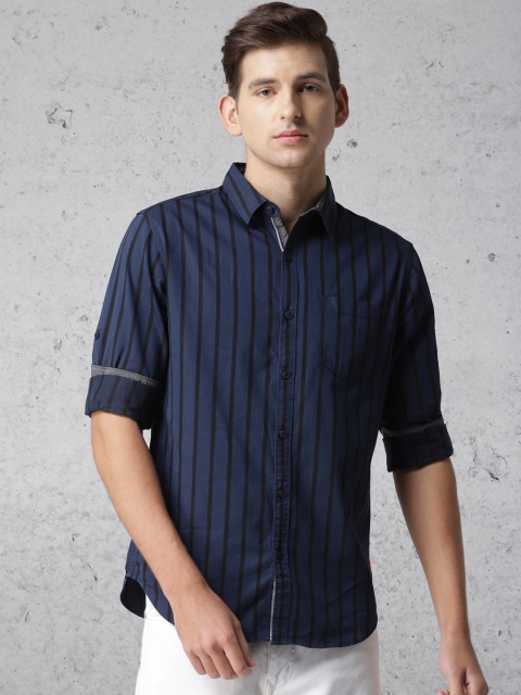 

Ecko Unltd Men Navy Blue & Black Slim Fit Striped Casual Shirt