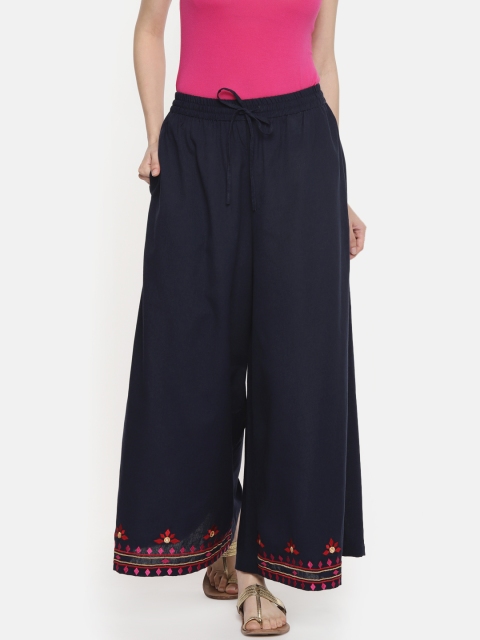 

AKKRITI BY PANTALOONS Women Blue Embroidered Flared Palazzos